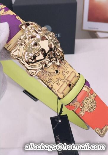 ​Popular Style Versace La Medusa Royal Rebellion Print Leather Belt 4cm with Gold Buckle V1693
