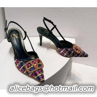 Top Grade Valentino VLogo Slingback Pumps 7.5cm in Woven Calfskin with Crystals Multicolor 027028