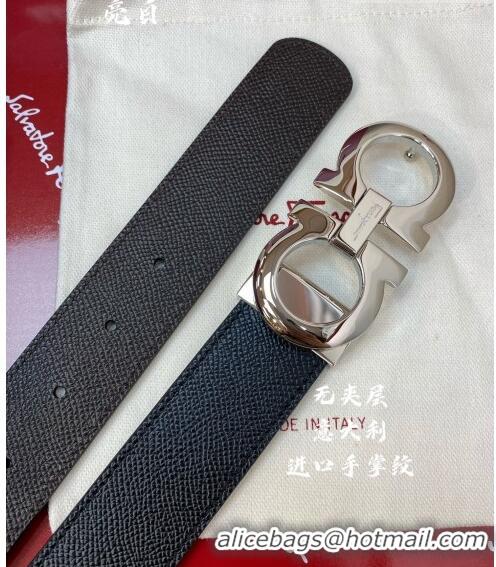 ​Best Product Ferragamo Gancini Palm-Grained Calfskin Belt 3.5cm 030902 Black/Bright Silver