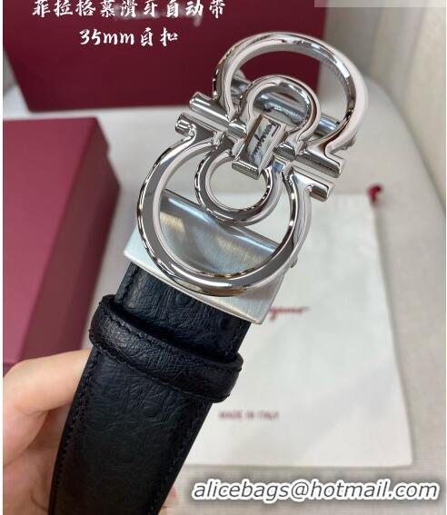 ​Best Price Ferragamo Gancini Belt 3.5cm in Ostrich Pattern Leather 29001 Black/Silver