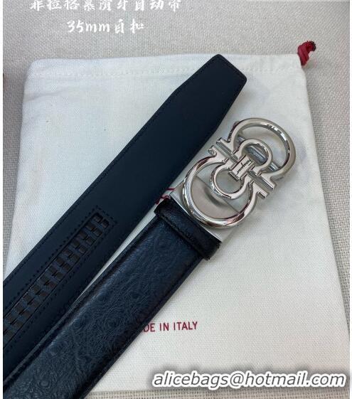 ​Best Price Ferragamo Gancini Belt 3.5cm in Ostrich Pattern Leather 29001 Black/Silver