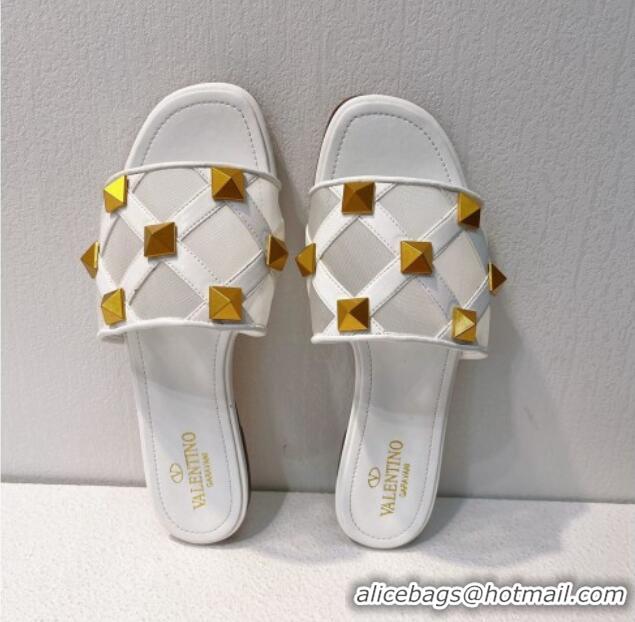 Cheaper Design Valentino Roman Stud Flat Slide Sandals in Leather-Quilted Mesh White 027077