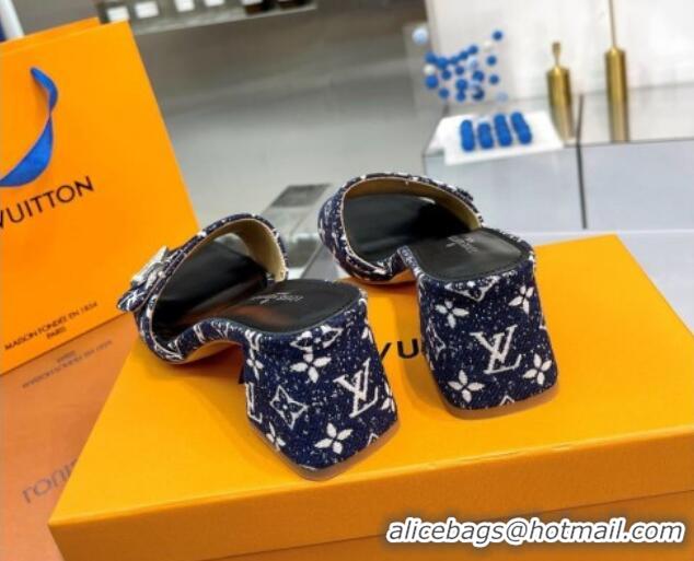 Low Price Louis Vuitton Shake Heel Slide Sandals 5cm in Monogram Textile and Crystals Dark Blue 012166