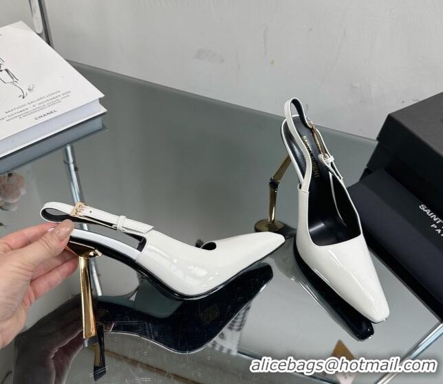 Fashion Saint Laurent Lee Slingback Pumps 10cm with Buckle in Patent Leather White 025044