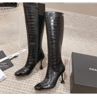 Trendy Design Chanel Heel High Boots 9cm in Crocodile Embossed Leather Black 925030