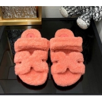 Hot Style Hermes Chypre Flat Slide Sandals in Teddy Fur Peachy Pink 831028