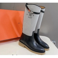 Good Quality Hermes Honey High Boots in Leather Canvas and Rubber Sole Black/Grey 013134