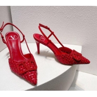 Good Looking Valentino VLogo Slingback Pumps 7.5cm in Woven Calfskin with Crystals Red 027026