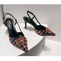 Top Grade Valentino VLogo Slingback Pumps 7.5cm in Woven Calfskin with Crystals Multicolor 027028