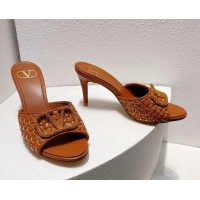 AAAAA Valentino VLogo Heel Slide Sandals 7.5cm in Woven Calfskin with Crystals Brown 027041