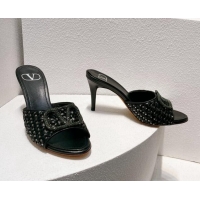 Buy Duplicate Valentino VLogo Heel Slide Sandals 7.5cm in Woven Calfskin with Crystals Black 027048
