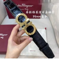 ​New Fashion Ferragamo Gancini Belt 3.5cm in Crocodile Pattern Leather 29002 Black/Gold