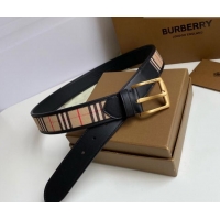 ​Top Quality Burberry Check Canvas Belt 3.5cm 110624 Black Leather/Gold