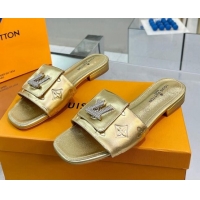 New Style Louis Vuitton Monogram Leather Flat Slide Sandals with Foldover Crystals LV Gold 1013009