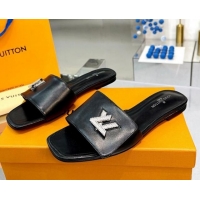 AAAAA Louis Vuitton Shake Leather Flat Slide Sandals with Crystal LV Twist Black 1013021