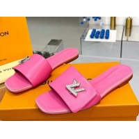 Super Quality Louis Vuitton Shake Leather Flat Slide Sandals with Crystal LV Twist Dark Pink 1013022