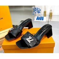 Good Quality Louis Vuitton Shake Monogram Canvas Heel Slide Sandals 5.5cm with Crystal LV Twist Black 1013034