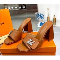 Low Cost Louis Vuitton Shake Leather Heel Slide Sandals 9.5cm with Crystal LV Twist Brown 1013048