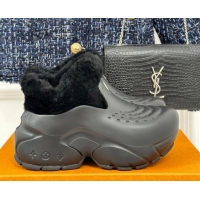 Popular Style Louis Vuitton Shark Platform Ankle Boots 5cm in Rubber and Fur All Black 026005