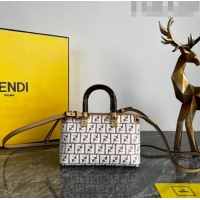 Well Crafted Fendi By The Way Mini Boston Bag in Raffia Straw with white tapestry fabric FF motif FE5045 2023