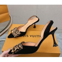 Buy Luxury Louis Vuitton Blossom Slingback Pumps 7.5cm in Suede with Bow Black/Leopard Print 121046