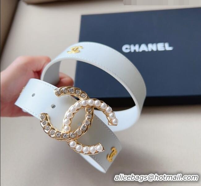 Most Popular Chanel Leather Belt with Pearl CC Buckle 30mm CH8234 White/Gold 2023