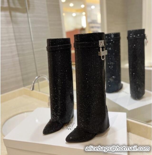 Good Quality Givenchy Shark Lock Wedge High Boots 9cm with Allover Crystals Black 923008