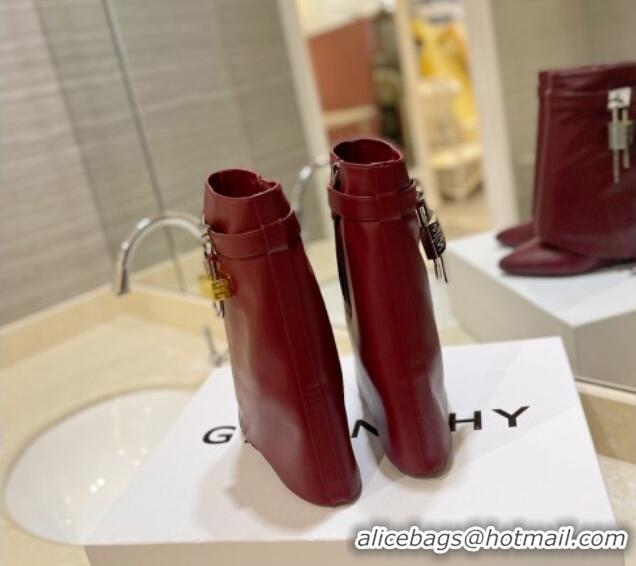 Classic Hot Givenchy Shark Lock Wedge Ankle Boots 8.5cm in Leather Burgundy 923018