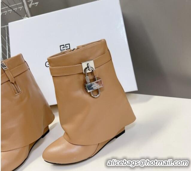 Super Quality Givenchy Shark Lock Wedge Ankle Boots 8.5cm in Leather Apricot 926103