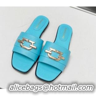 Sumptuous Salvatore Ferragamo Logo Leather Flat Slide Sandals Light Blue 104031