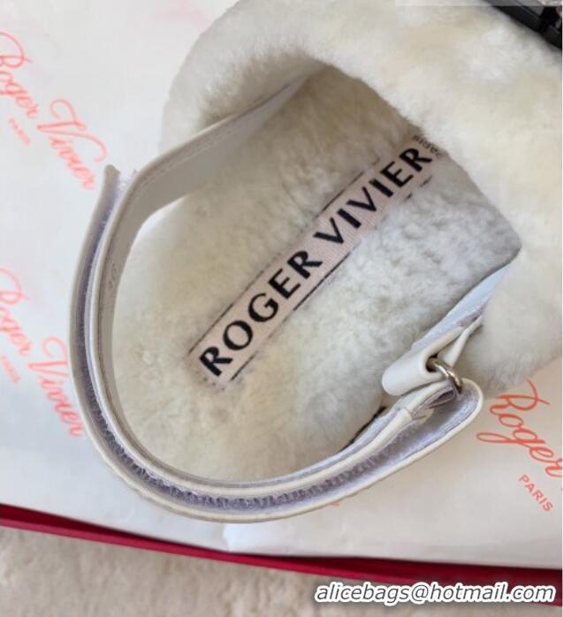 Stylish Roger Vivier Viv' Winter Fur Strass Buckle Sandals White 1026096