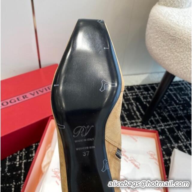 Buy Duplicate Roger Vivier Belle Vivier Metal Buckle Chelsea Ankle Boots 5cm in Suede Brown 104025