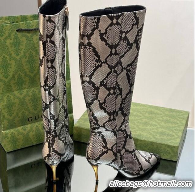 Top Design Gucci Metal-Tone Heel High Boots 8.5cm in Metallic Snakeskin-Like Leather 103123