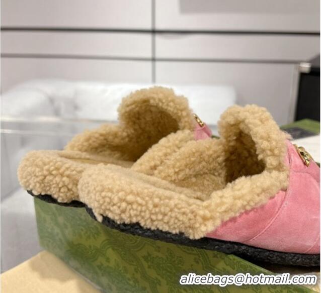 Best Price Gucci Flat Mules with Horsebit in Suede and Shearling Light Pink 205032