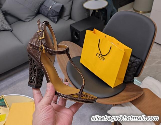 Most Popular Fendi High Heel Sandals 9cm in Crocodile Embossed Leather Brown 215078