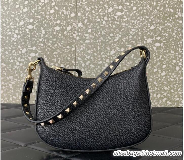 Trendy Design VALENTINO Rockstud calfskin small HOBO bag AG098 Black