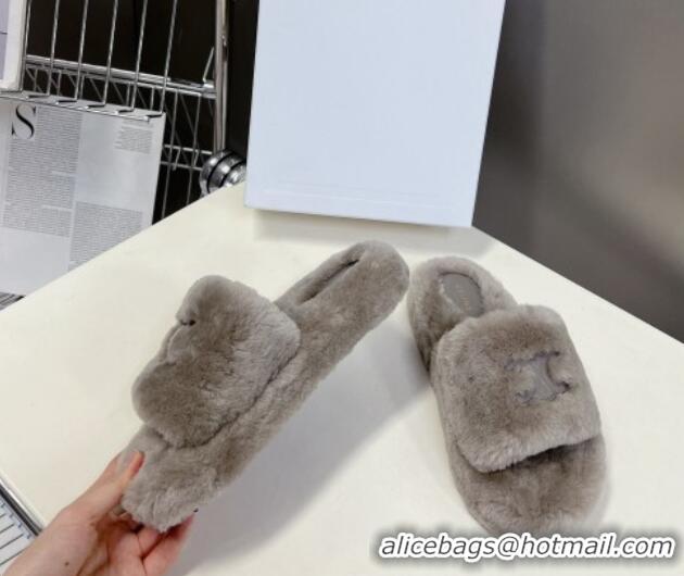 Lowest Cost Celine Wool Fur Flat Slide Sandals with Triomphe Grey 218111