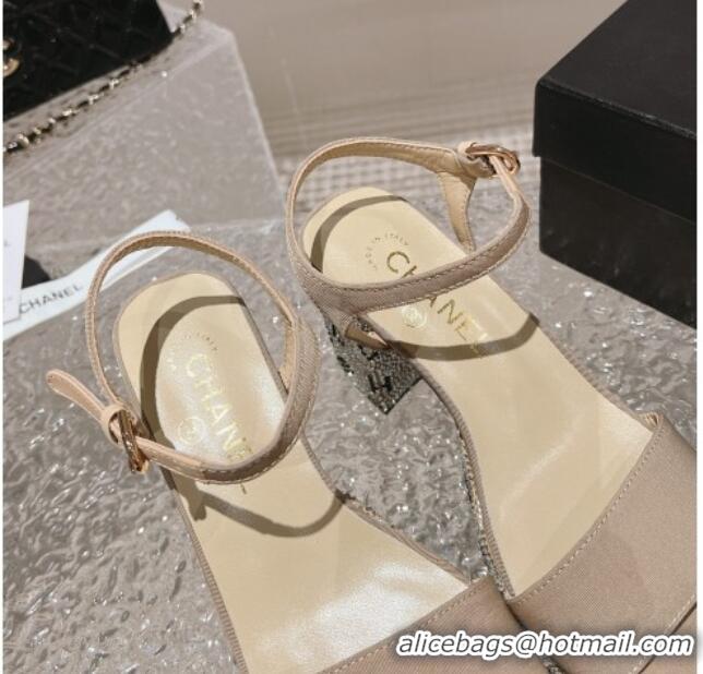 Pretty Style Chanel Grosgrain & Crystals Platform Sandals 9cm G45365 Light Beige 201002