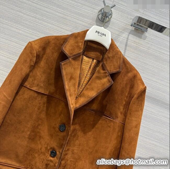 Best Price Prada Sheepskin Suede Leather Jacket P122539 Brown 2023