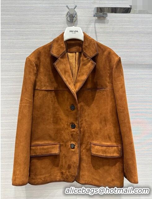 Best Price Prada Sheepskin Suede Leather Jacket P122539 Brown 2023