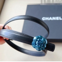 ​Super Quality Chanel Calfskin Belt 1.5cm with Blue Camellia Bloom Buckle CH4020 Black 2023
