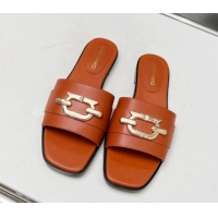 Classic Practical Salvatore Ferragamo Logo Leather Flat Slide Sandals Brown 104028