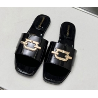 Top Quality Salvatore Ferragamo Logo Patent Leather Flat Slide Sandals Black 104033