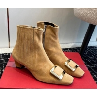 Buy Duplicate Roger Vivier Belle Vivier Metal Buckle Chelsea Ankle Boots 5cm in Suede Brown 104025