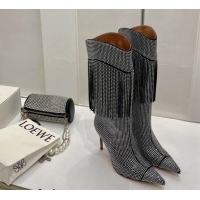 Fashion Luxury Amina Muaddi Crystals Allover High Boots 9cm with Tassel Black 016098