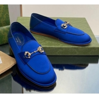 Good Taste Gucci Horsebit Flat Loafers with Crystals in Satin Blue 025017