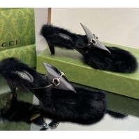 Luxury Discount Gucci Horsebit Thong Heel Slide Sandals 5.5cm in Patent Leather and Wool Black 026113