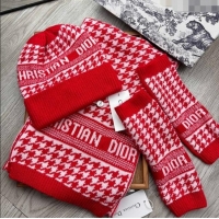 Traditional Specials Dior Houndtooth Knit Gloves, Hat and Scarf Set CD1123 Red 2023