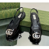 Low Cost Gucci Slingback Ballet Flat with Crystals Double G in Patent Leather Black 117026