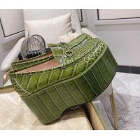 Charming Gucci Ancra Platform Wedge Loafers in Crocodile Leather with Horsebit Green 204106